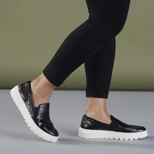 Vionic Black Croc-Effect Slip-On Loafers with White Platform Sole